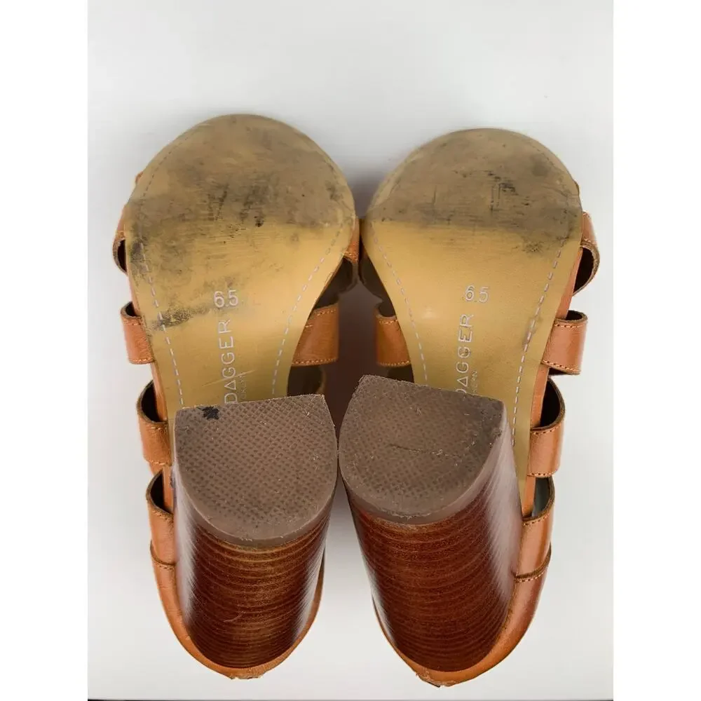 Kelsi Dagger Brooklyn KDB Peep Toe Ankle Boots Tan Leather Heels Women's 6.5
